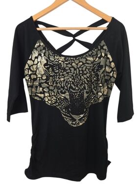 Black Gold Leopard Graphic Crisscross Back Top XL Y2K Style